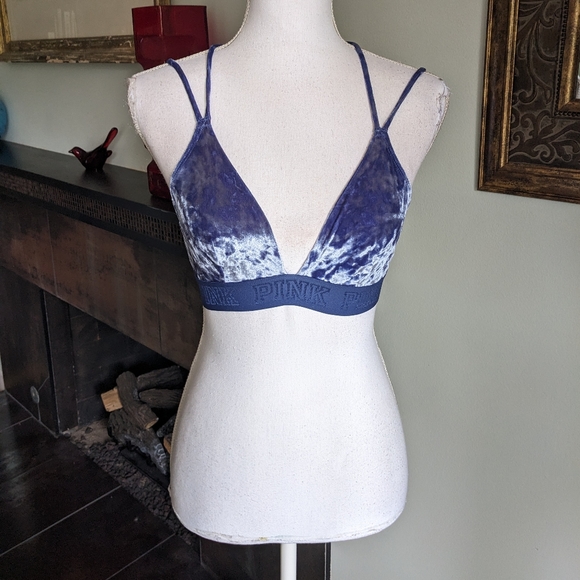 PINK Victoria's Secret Wms Small Velvet Unlined Bra Bralette Blue CrissCross 110 - Picture 2 of 10